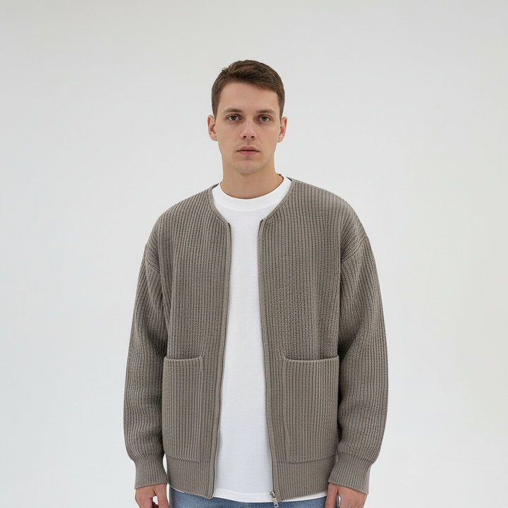 Close-up of the textured knit pattern on a men's casual cardigan sweater