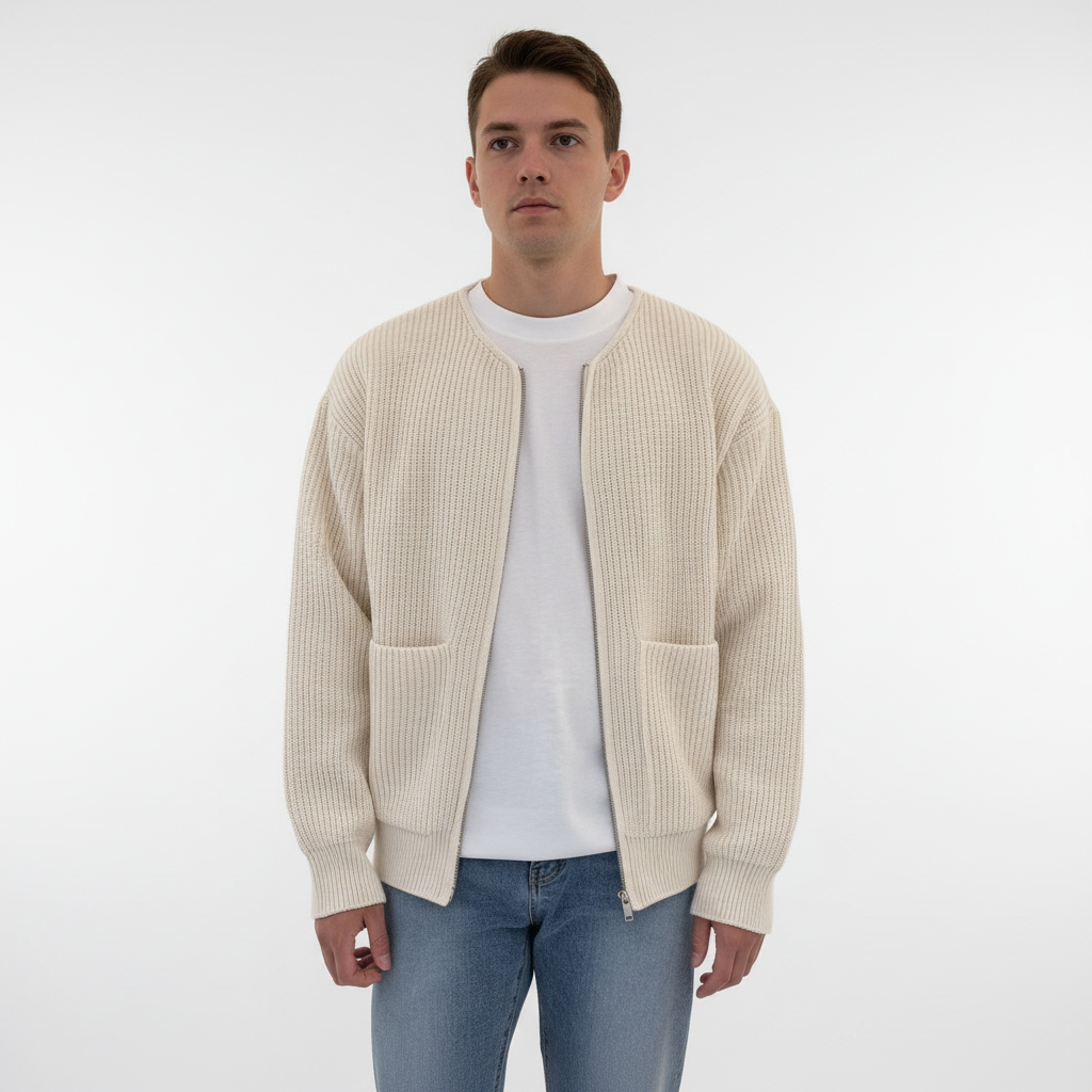 Back view of a sophisticated knit cardigan for men, highlighting the sweater's cut