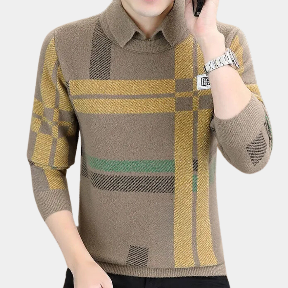 Versatile men's khaki knit sweater. Stylish long-sleeve pullover offers everyday comfort & timeless fashion.