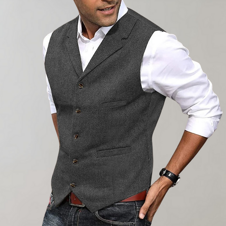 Versatile men's knit vest cardigan, a comfortable polyester layering piece for casual chic and everyday style.
