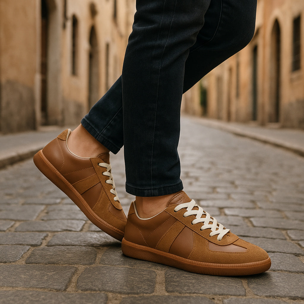 Side view of men's casual low top sneakers, featuring a non-slip lace-up design for comfort.