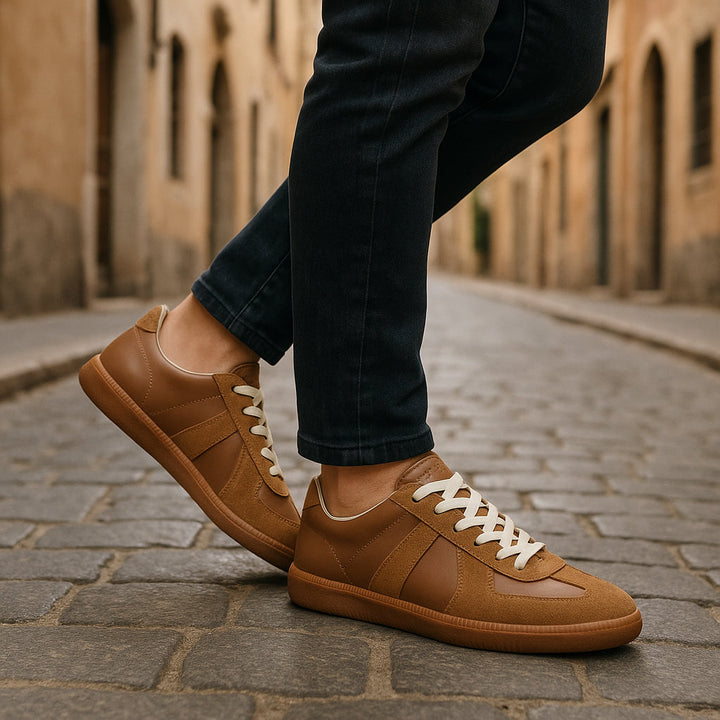 Side view of men's casual low top sneakers, featuring a non-slip lace-up design for comfort.