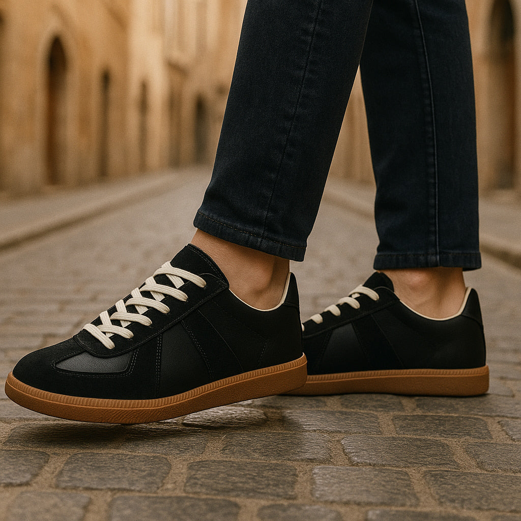 Front view of men's versatile lace-up sneakers, comfortable low top casual footwear.