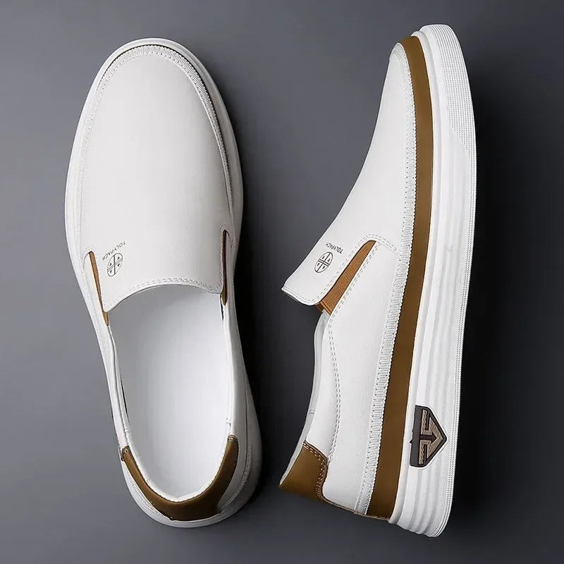 Men's casual leather slip-on shoes, ready for comfortable everyday walking and leisure.