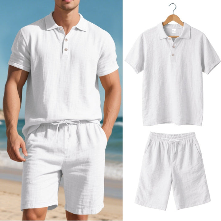 Men's casual linen blend polo and shorts two-piece set, perfect for summer vacation and relaxed wear.