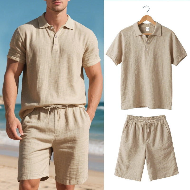 Relaxed fit men's linen blend shorts, part of a casual two-piece set for summer comfort.