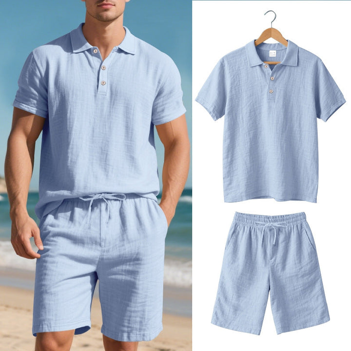 Comfortable men's linen blend two-piece set featuring a polo and shorts, great for summer fashion.