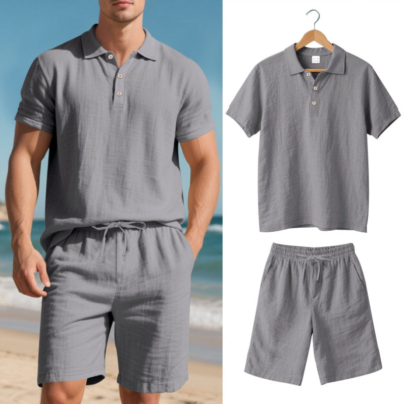 Men's lightweight linen blend polo and shorts set, a breathable and stylish casual summer ensemble.