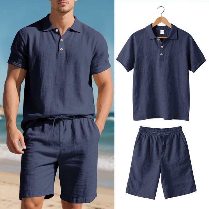 Versatile men's linen blend two-piece set; a relaxed polo shirt & shorts for casual summer days.