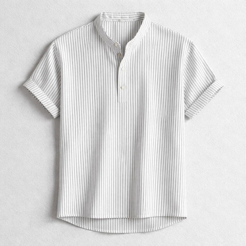 Close-up of a men's Henley shirt, showcasing soft fabric & button placket for effortless comfort & tailored style.