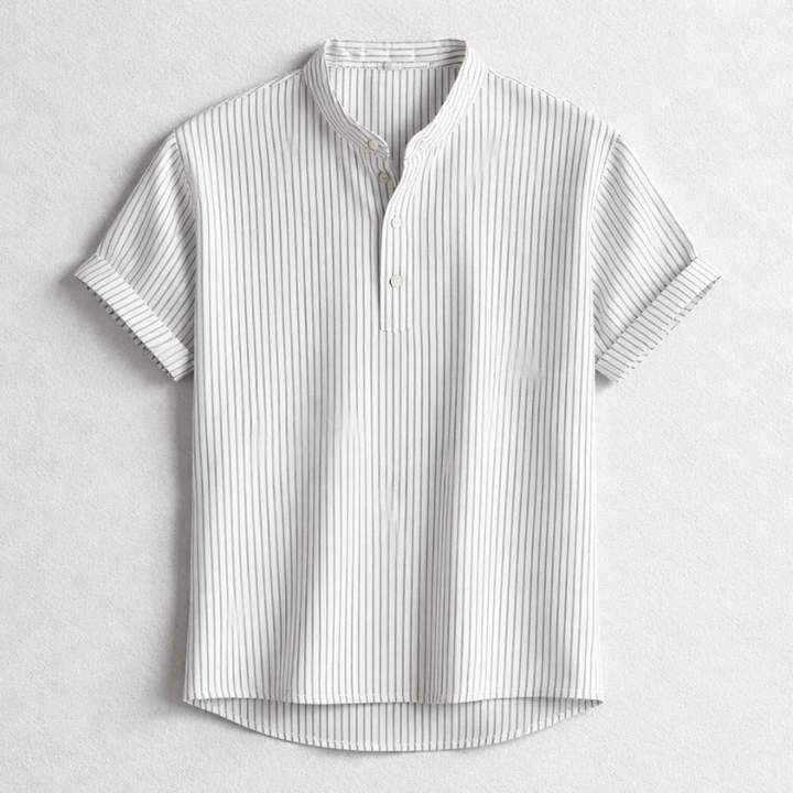 Close-up of a men's Henley shirt, showcasing soft fabric & button placket for effortless comfort & tailored style.