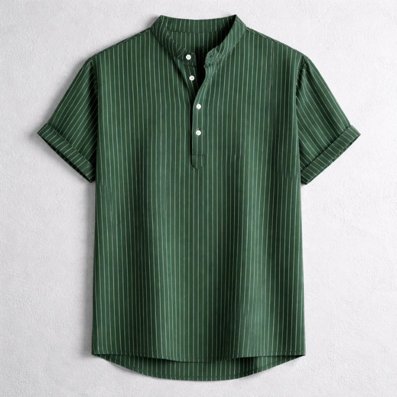 Back view of a men's tailored Henley shirt, highlighting its relaxed fit & versatile design for spring & summer.