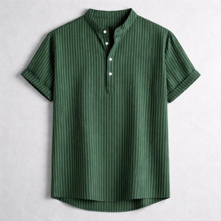 Back view of a men's tailored Henley shirt, highlighting its relaxed fit & versatile design for spring & summer.