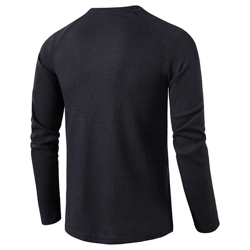 Front view of men's comfortable long sleeve henley shirt, ideal for casual everyday fashion. Versatile.