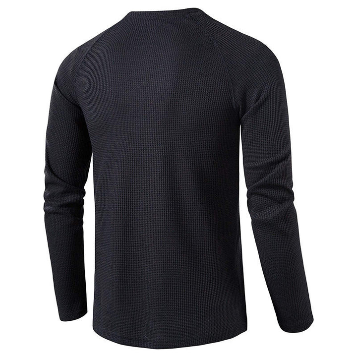 Front view of men's comfortable long sleeve henley shirt, ideal for casual everyday fashion. Versatile.