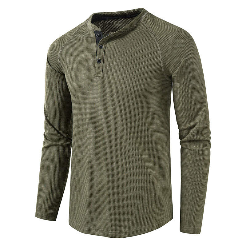 Comfortable men's long sleeve henley shirt for versatile casual wear. Soft fabric for all-day comfort.
