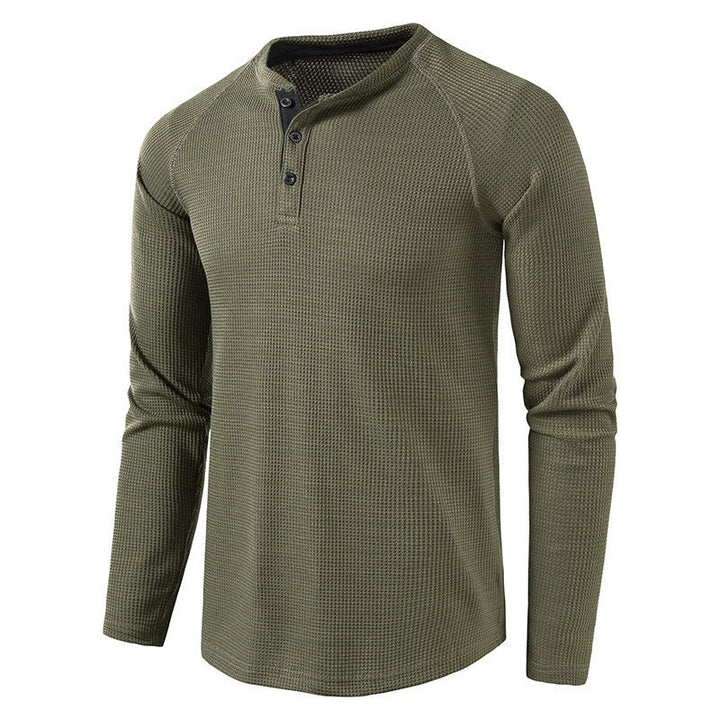 Comfortable men's long sleeve henley shirt for versatile casual wear. Soft fabric for all-day comfort.