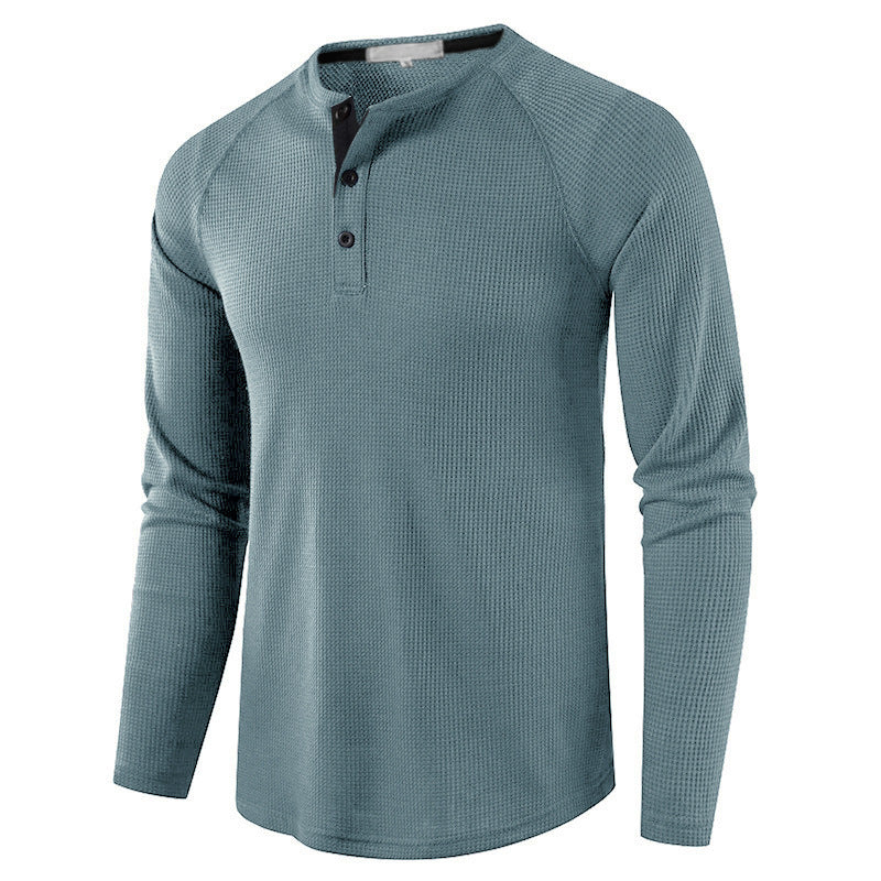 Soft blend men's long sleeve henley shirt, comfortable for all-day casual wear. A stylish everyday choice.