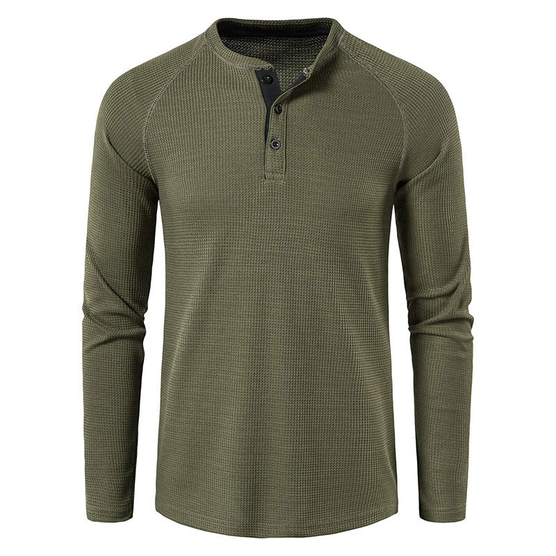 Versatile men's long sleeve henley shirt, suitable for stylish casual and everyday fashion. All-day comfort.