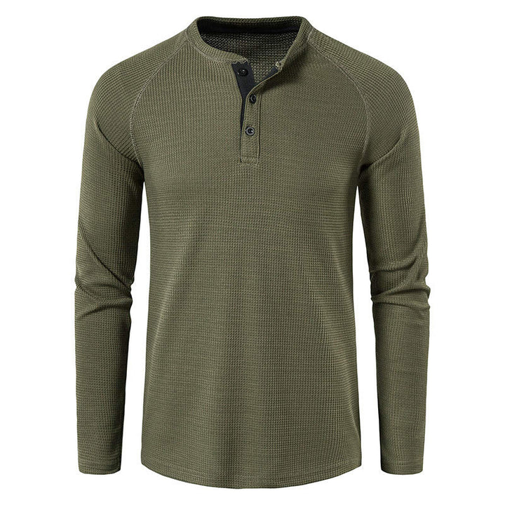 Versatile men's long sleeve henley shirt, suitable for stylish casual and everyday fashion. All-day comfort.