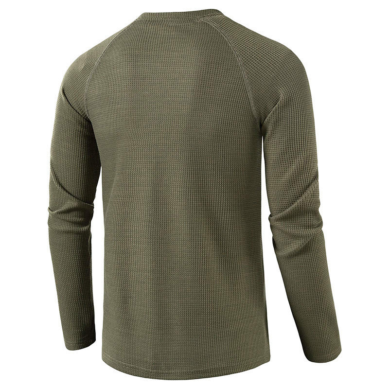 Men's long sleeve henley shirt, perfect for cooler casual comfort and everyday style. A wardrobe essential.