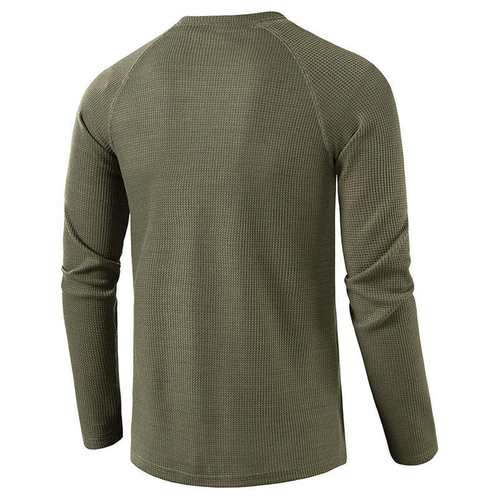 Men's long sleeve henley shirt, perfect for cooler casual comfort and everyday style. A wardrobe essential.