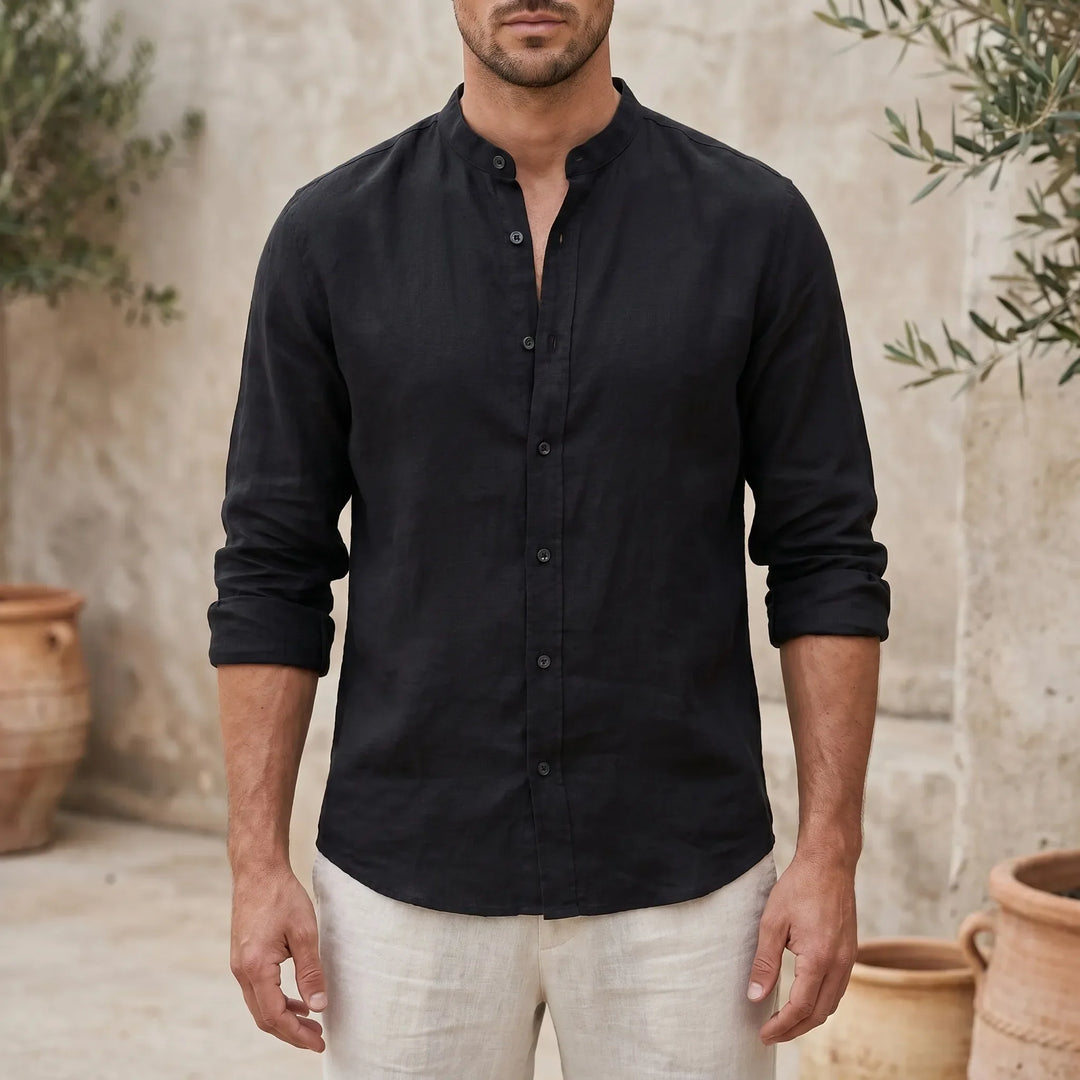 Men's casual long sleeve shirt with a stylish mandarin collar, perfect for warm weather and summer fashion.