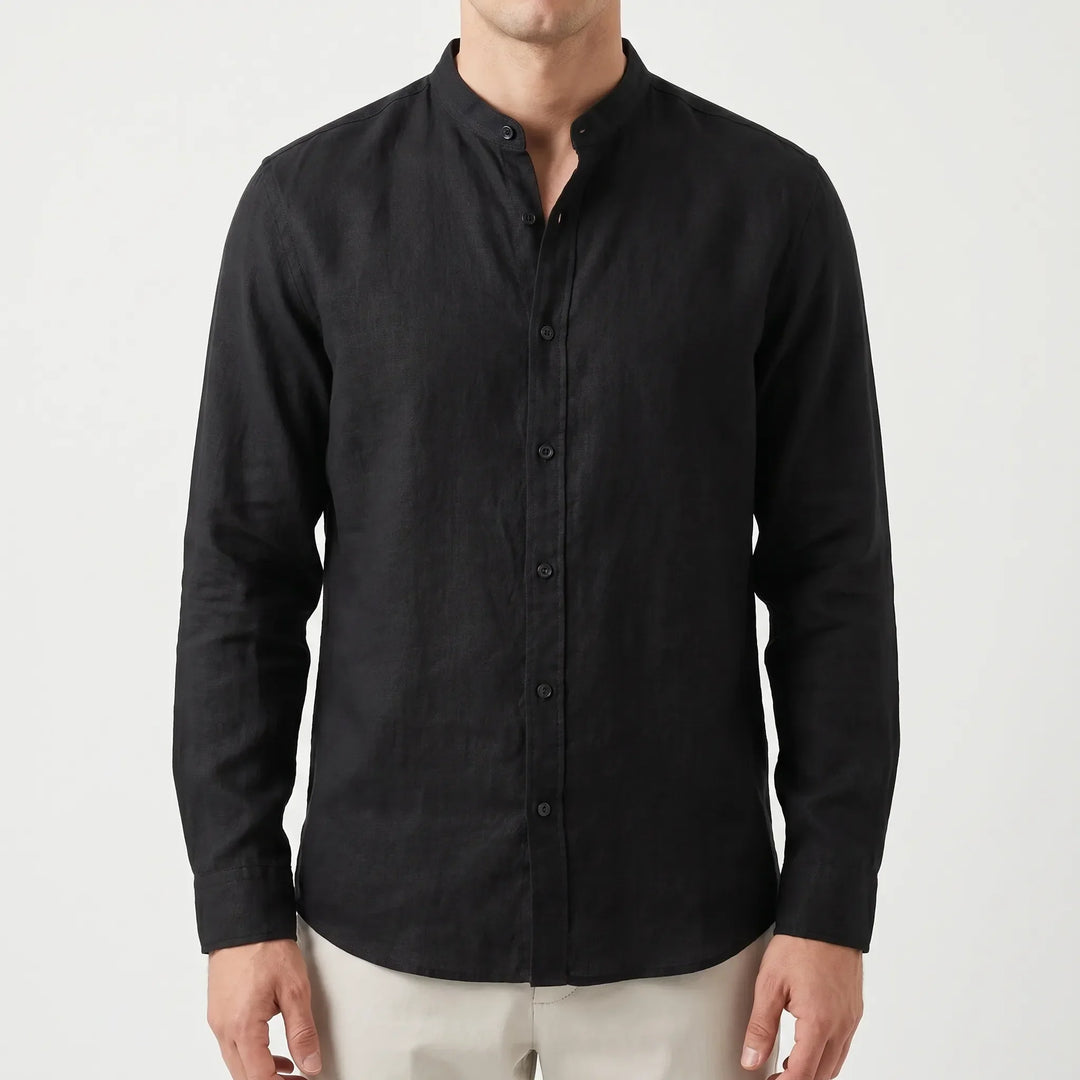 Relaxed fit men's button-up shirt featuring a unique mandarin collar, ideal for versatile casual style.