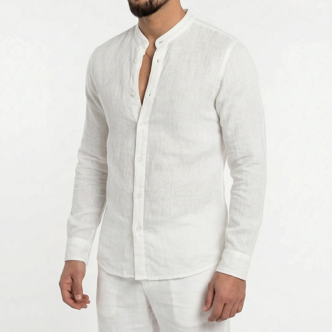 Stylish men's long sleeve casual shirt with a mandarin collar, a versatile choice for a relaxed summer look.
