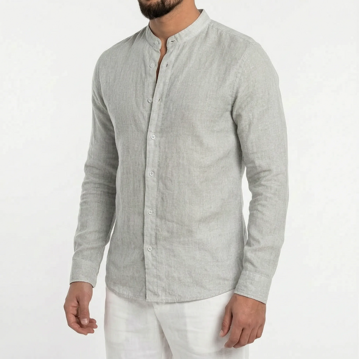 Classic men's casual button-up shirt with a modern mandarin collar, great for everyday warm weather wear.