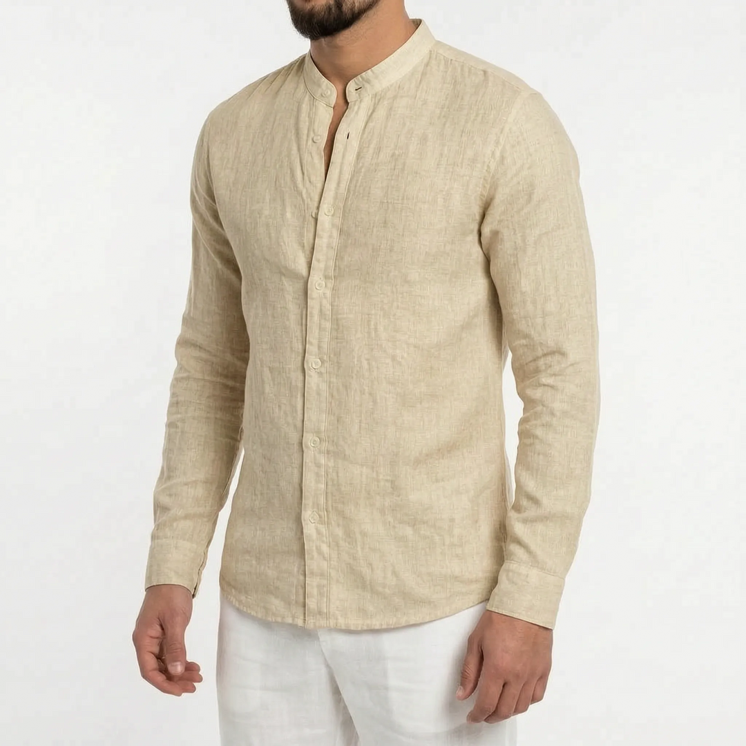Elegant men's mandarin collar shirt, long sleeve & breathable, perfect for sophisticated casual summer style.