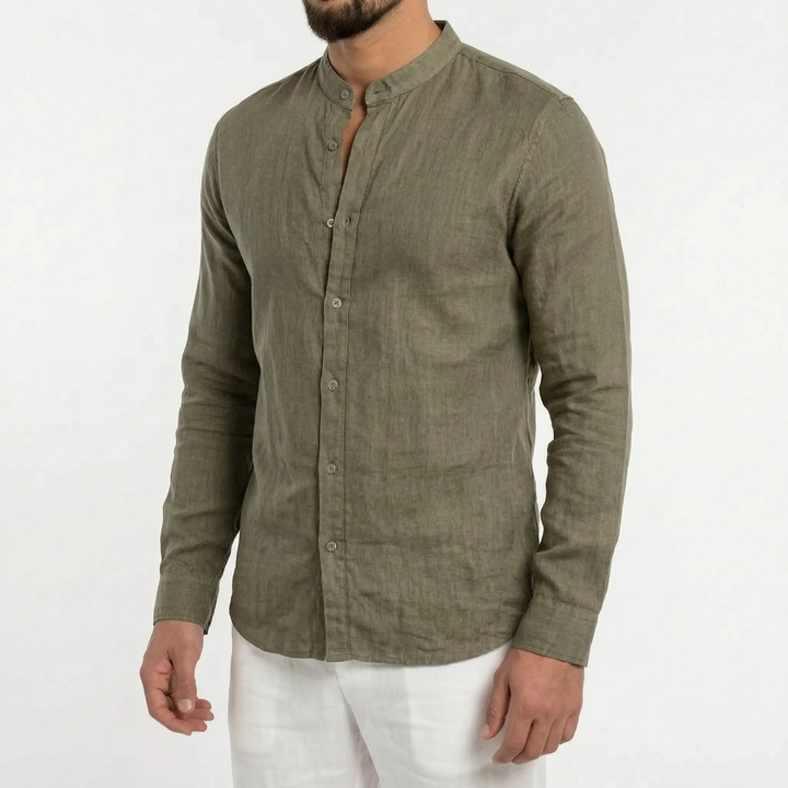 Men's warm weather long sleeve shirt with a stand-up mandarin collar for a clean, stylish summer aesthetic.