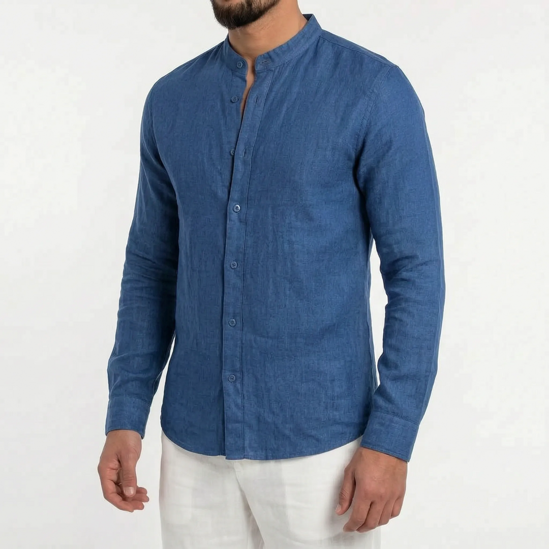 Versatile men's casual shirt with a mandarin collar & button-up design, ideal for stylish summer layering.