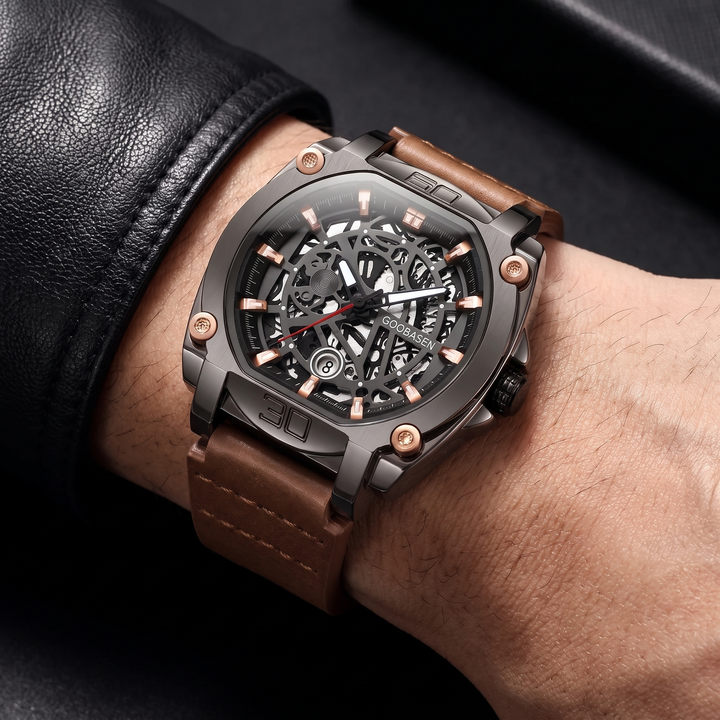 Men's casual quartz watch with a brown leather strap, round dial, and alloy case. Perfect for everyday wear.
