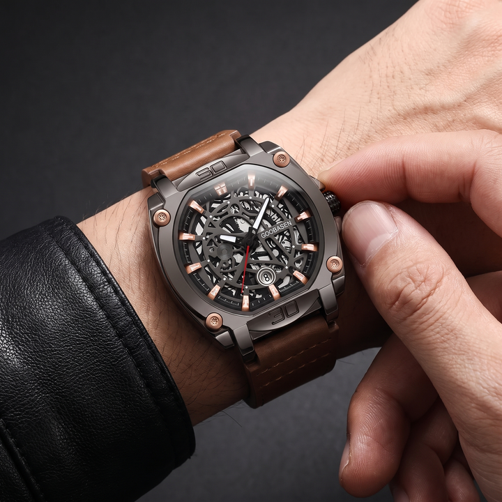 Close-up of men's casual quartz watch. Features a round black dial, luminous display, and calendar function.