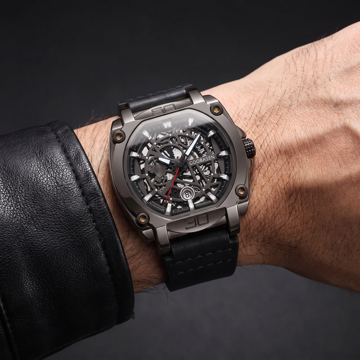 Men's everyday casual watch with a comfortable leather strap and clear round dial, shown on a wrist.