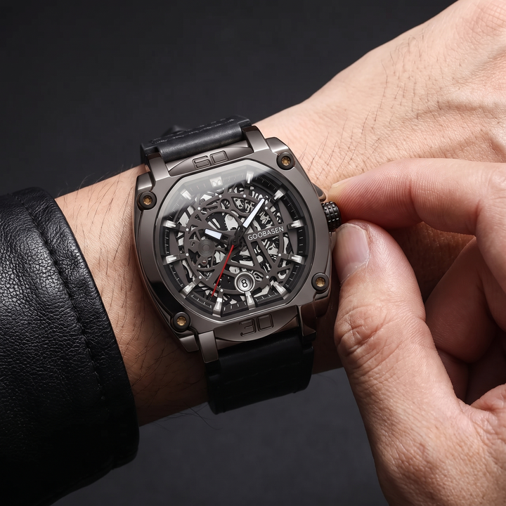 Stylish men's quartz watch featuring a textured brown leather strap and a classic round face.