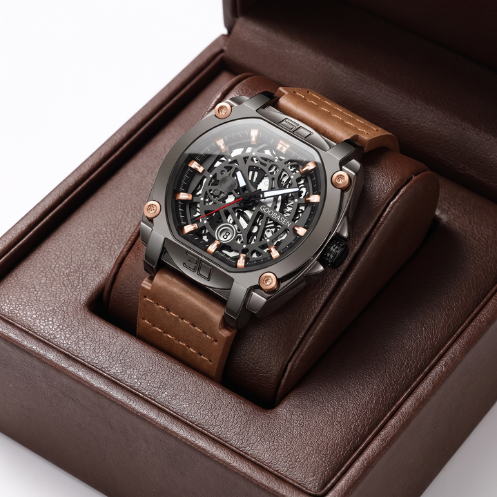 Back view of a men's casual watch, showcasing its durable alloy case and genuine leather strap.