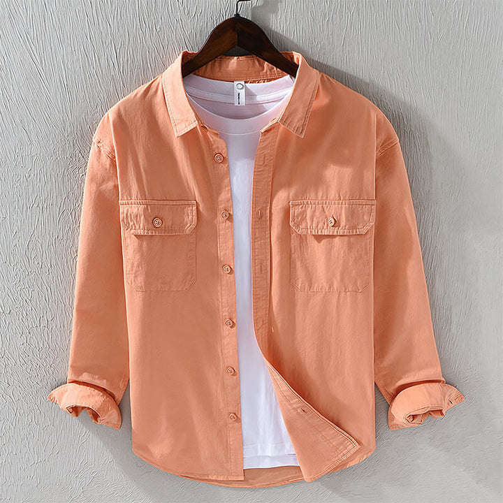 Stylish men's relaxed fit long sleeve button-up shirt, ideal for comfortable, casual spring & summer wear.