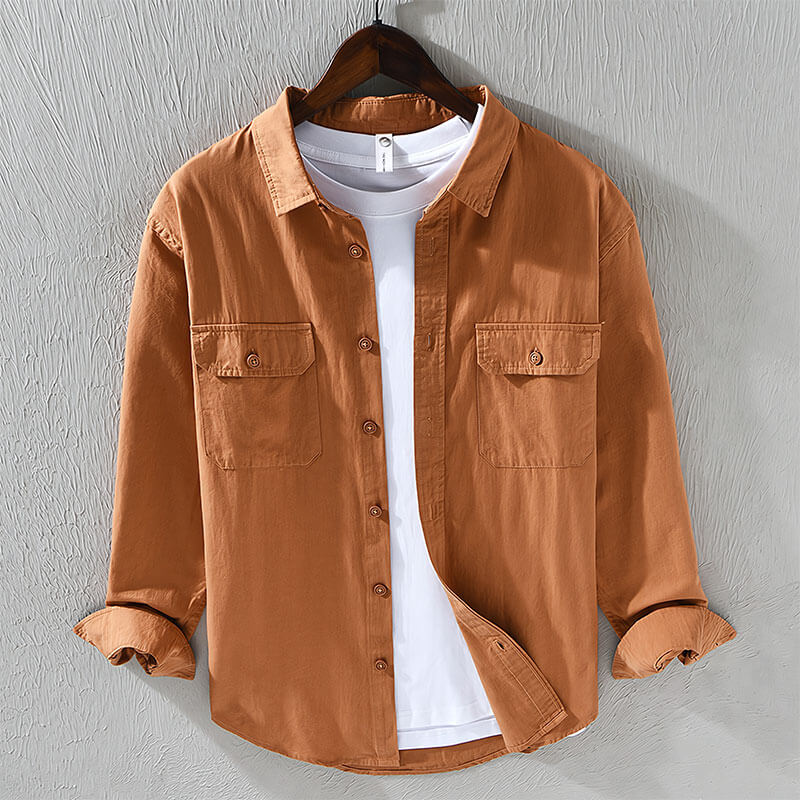 Versatile men's casual button-up shirt with a relaxed fit, long sleeves, great for everyday spring/summer.