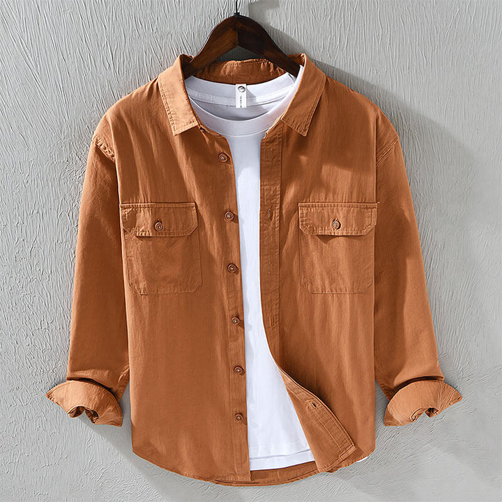 Versatile men's casual button-up shirt with a relaxed fit, long sleeves, great for everyday spring/summer.