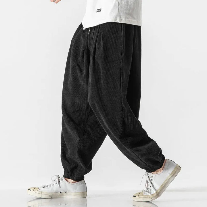 Full view of men's wide leg corduroy pants in a relaxed fit, great for versatile casual styling.