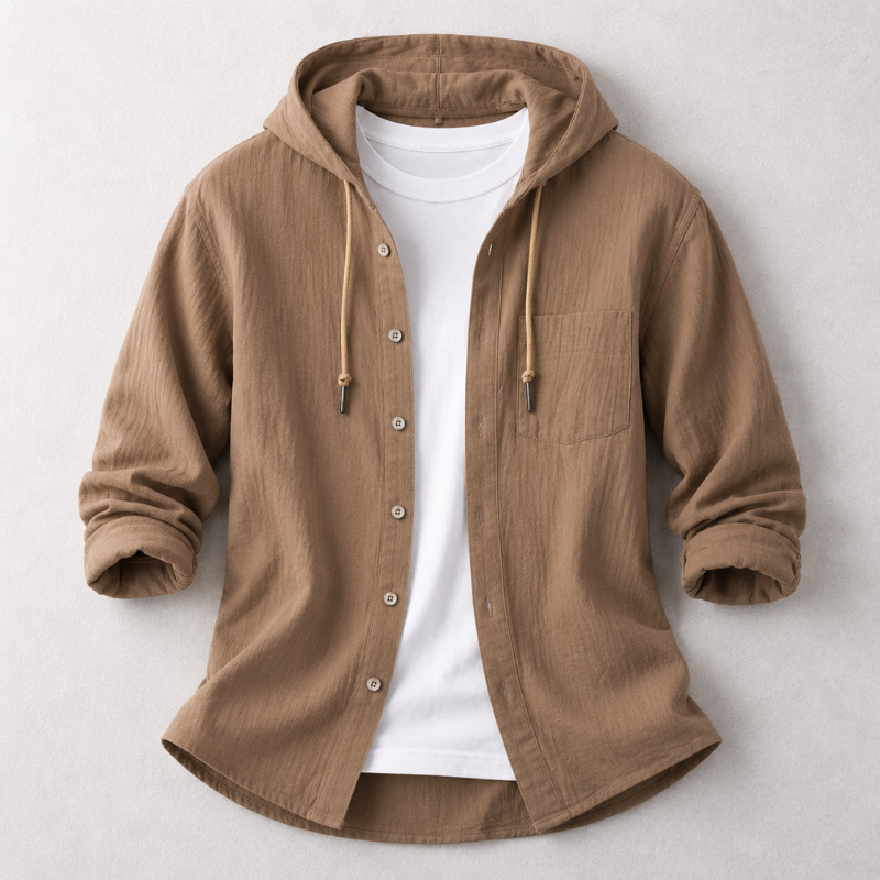Stylish men's casual hooded shirt, versatile for everyday wear and layering.
