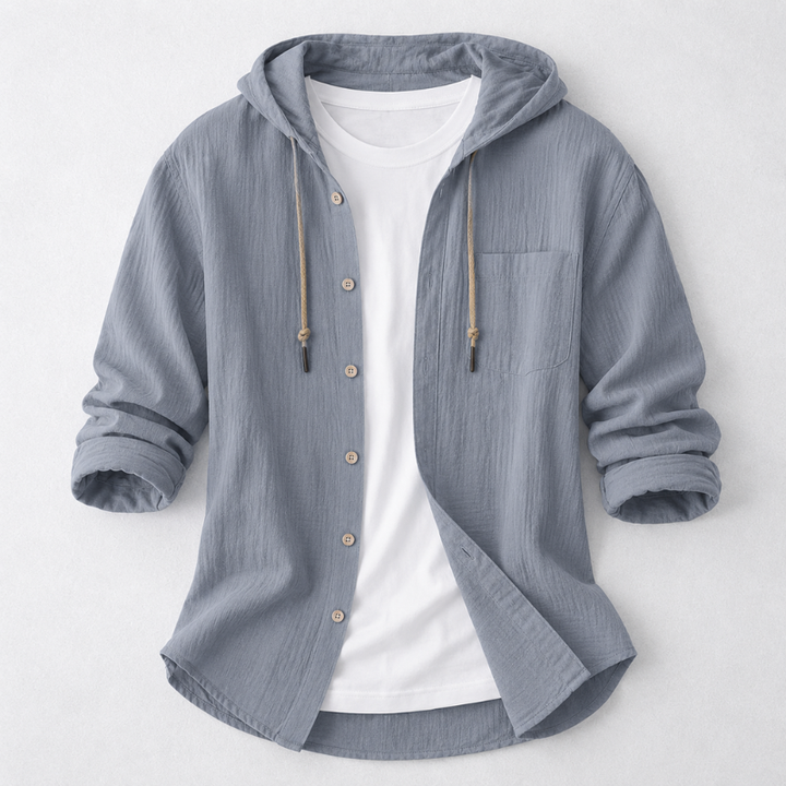 Relaxed fit men's long sleeve hoodie shirt, offering casual style and comfort.