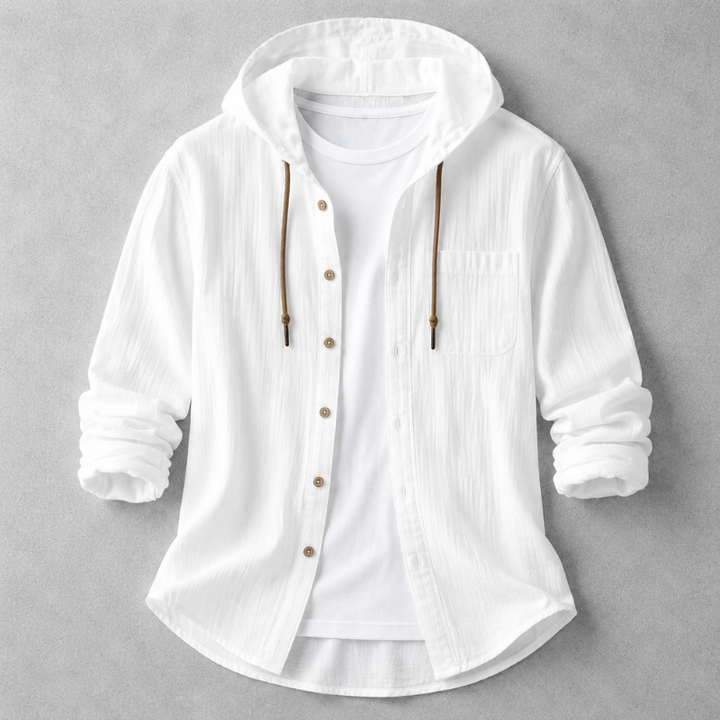 Man in comfortable relaxed fit men's casual hoodie shirt, showcasing style.