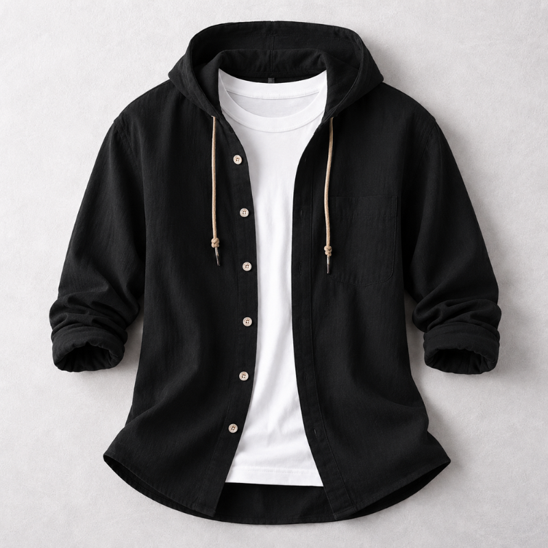 Detail of hooded men's long sleeve shirt, highlighting its relaxed fit and comfort.