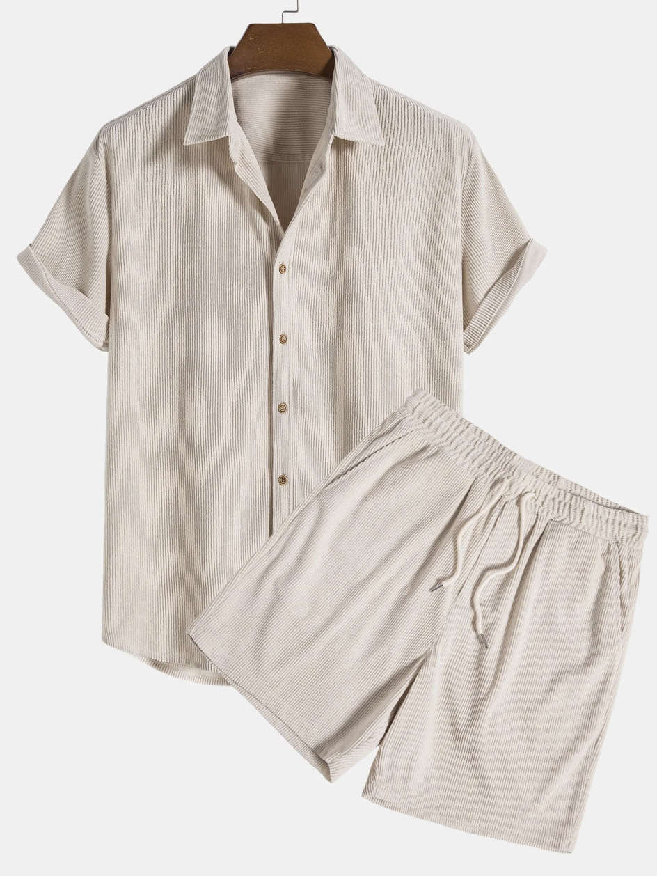 Men's casual short sleeve shirt and corduroy shorts set, perfect for summer lounge wear