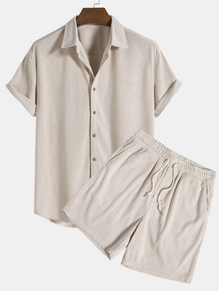 Men's casual short sleeve shirt and corduroy shorts set, perfect for summer lounge wear