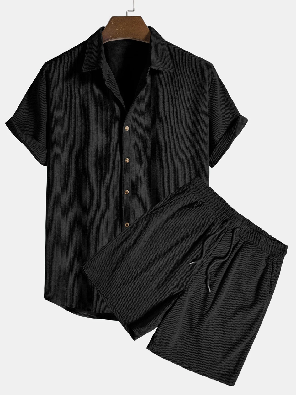 Stylish men's two-piece summer outfit featuring a casual button-up shirt and comfortable corduroy shorts