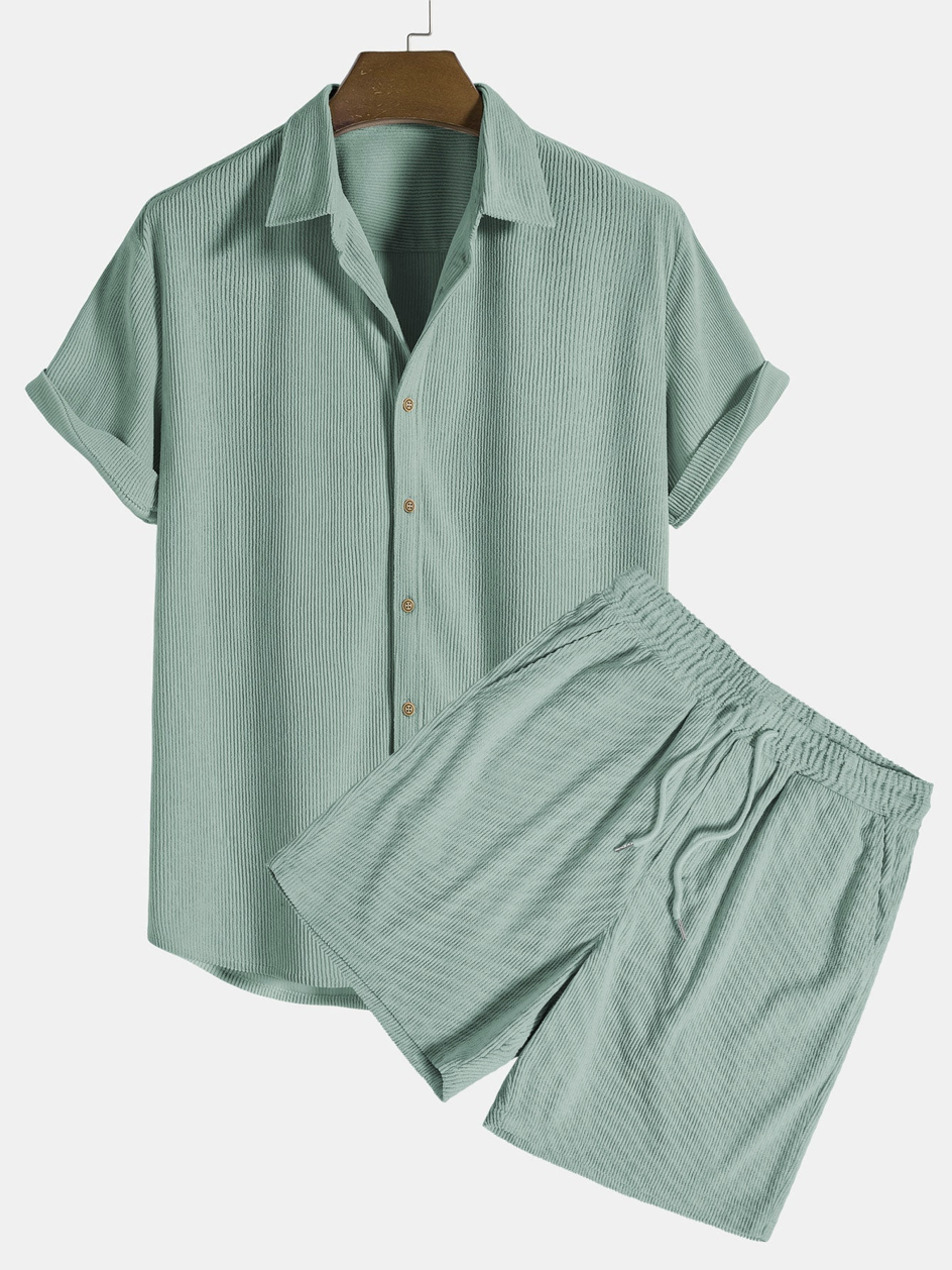 Lightweight men's summer set with a short sleeve shirt and relaxed corduroy shorts for leisure wear